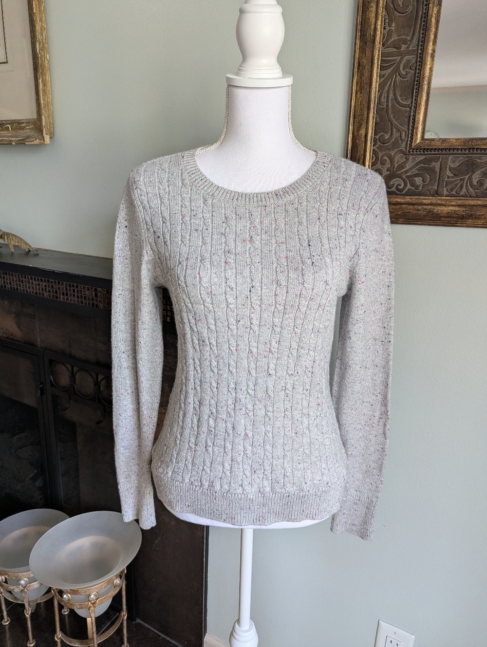 Talbots Womens Small Cable Knit Sweater Grey Speckled ButtonCuff CottonBlend 155